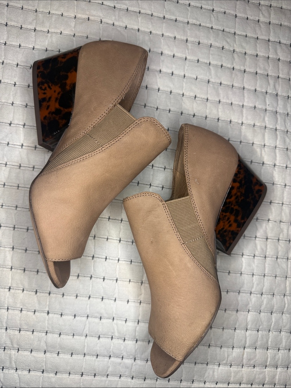 Corso Como Taupe Peep-Toe Mules with Tortoiseshell Block Heel